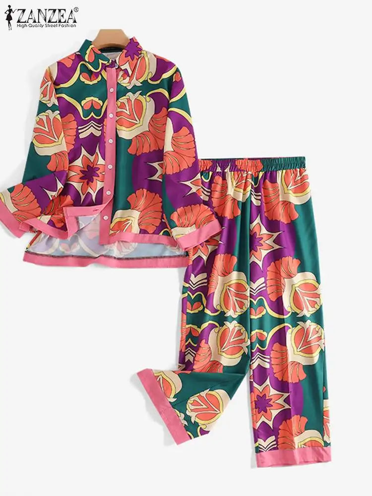 Women Printed Long Sleeve Blouse and Loose Pants Casual Outfits Loose Streetwear Loungewear Oversized ZANZEA Set Tracksuits