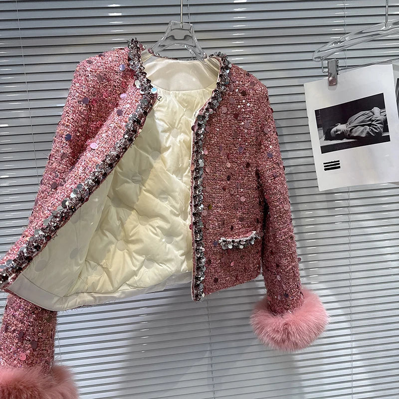 Winter New Fashion Fox Fur Sleeve Sequin Tweed Cotton Short Coat For Women Covered Button Jacket Female 11A07857
