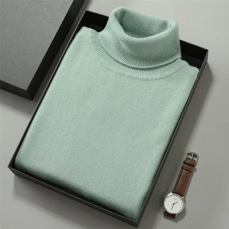 Turtleneck Men Pullovers Autumn Winter Soft Light Warm Rolled Neck Jumper Jersey Pull Homme Knitted Sweater Turquoise
