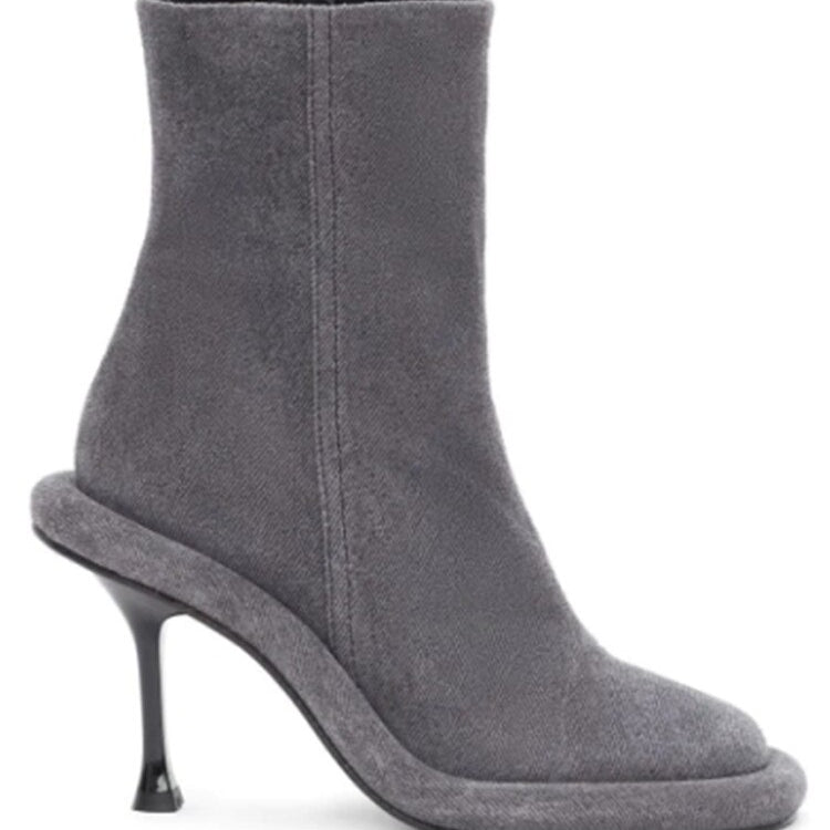 Spring and Autumn Women's New Slender High Heel Denim Short Boots Round Head Side Zipper Fashion Brand Women's Boots 296 Grey