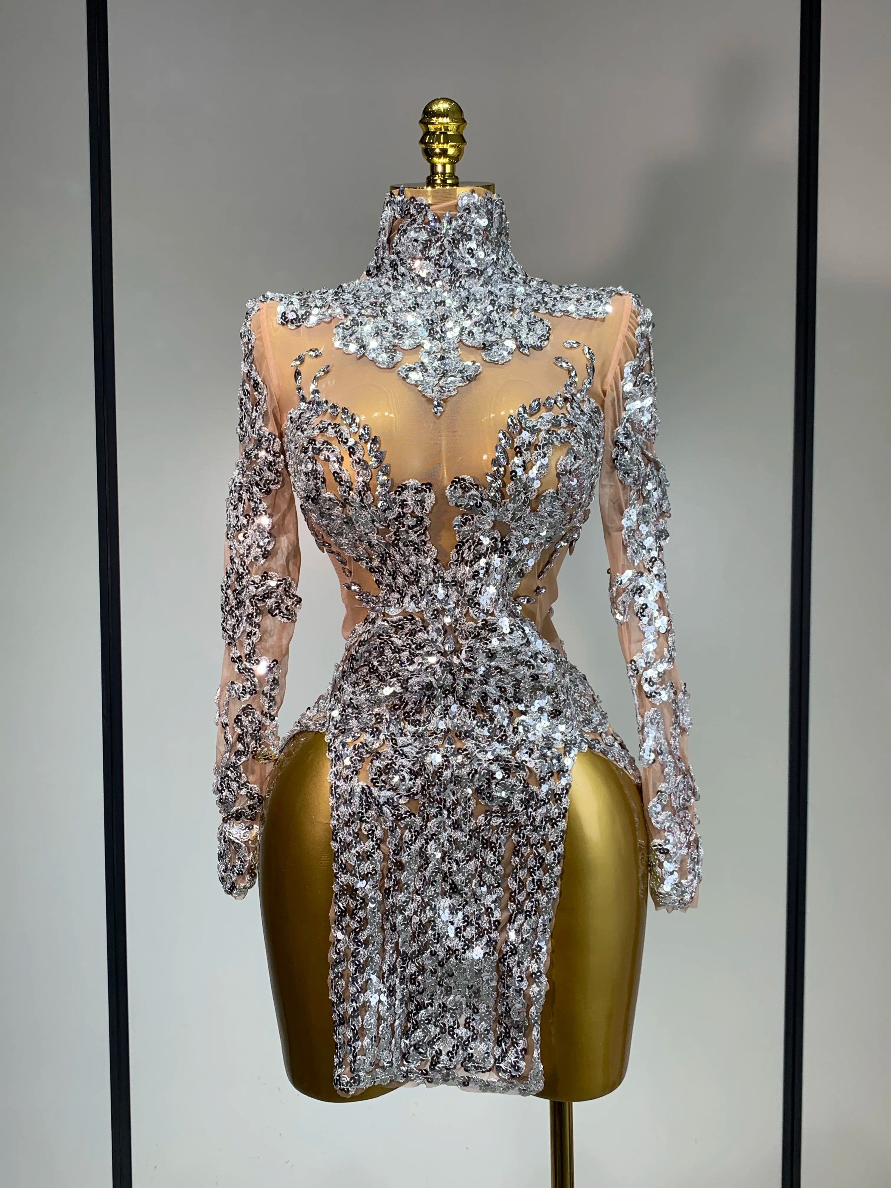 Sparkly Silver Gold Sequins Short Dress Sexy High Slit Women Nightclub Evening Party Dress Birthday Singer Stage Show Outfit Silver