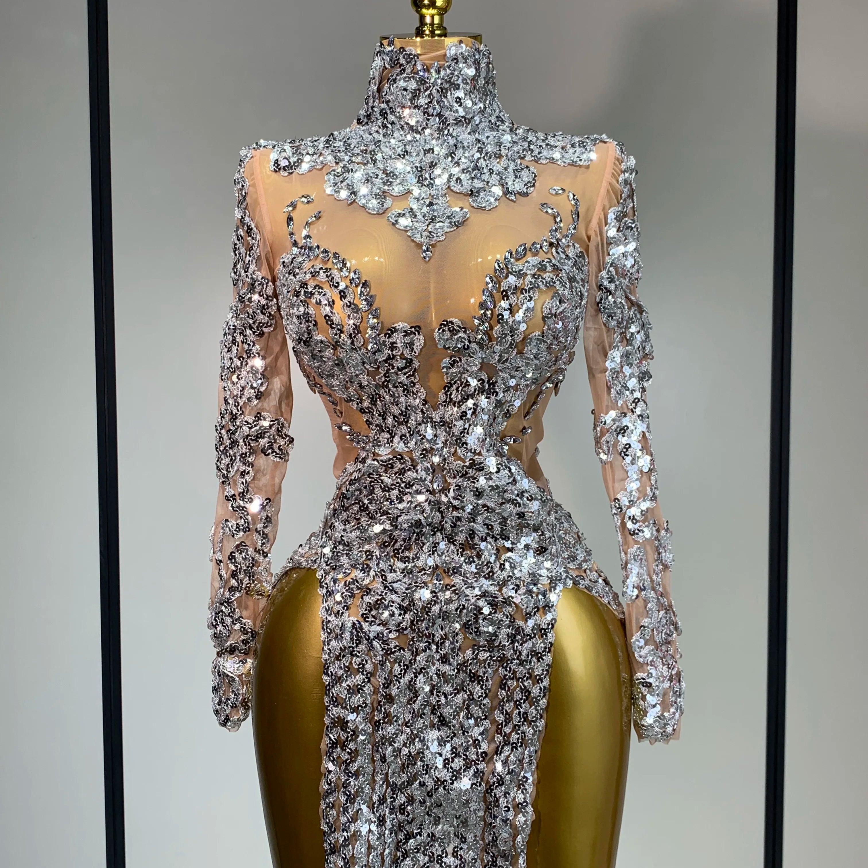 Women Long Sleeve Sexy Shinning Sequins Bodycon Mini Dress Mesh See Through Celebrate Birthday Evening Party Club Stage Outfit Silver