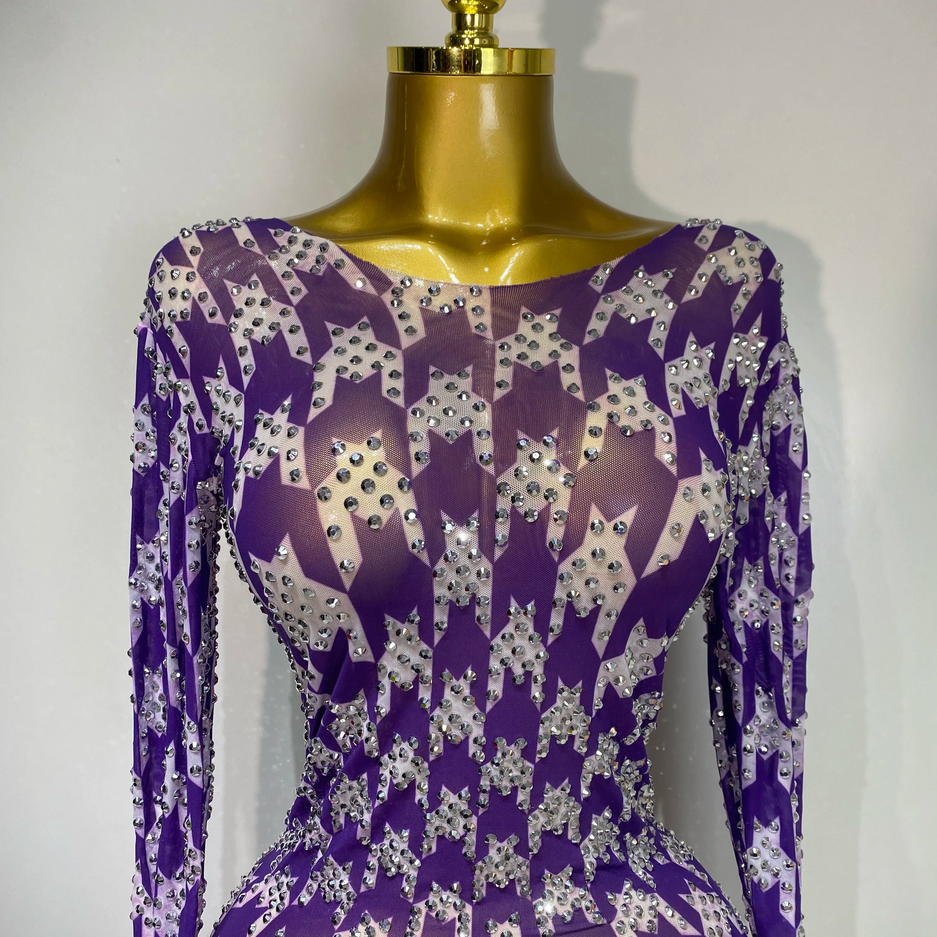 Sparkly Rhinestone Stretchy Mesh See Through Dress Women 2025 Performance Dancer Costume Luxury Birthday Nightclub Stage Outfit