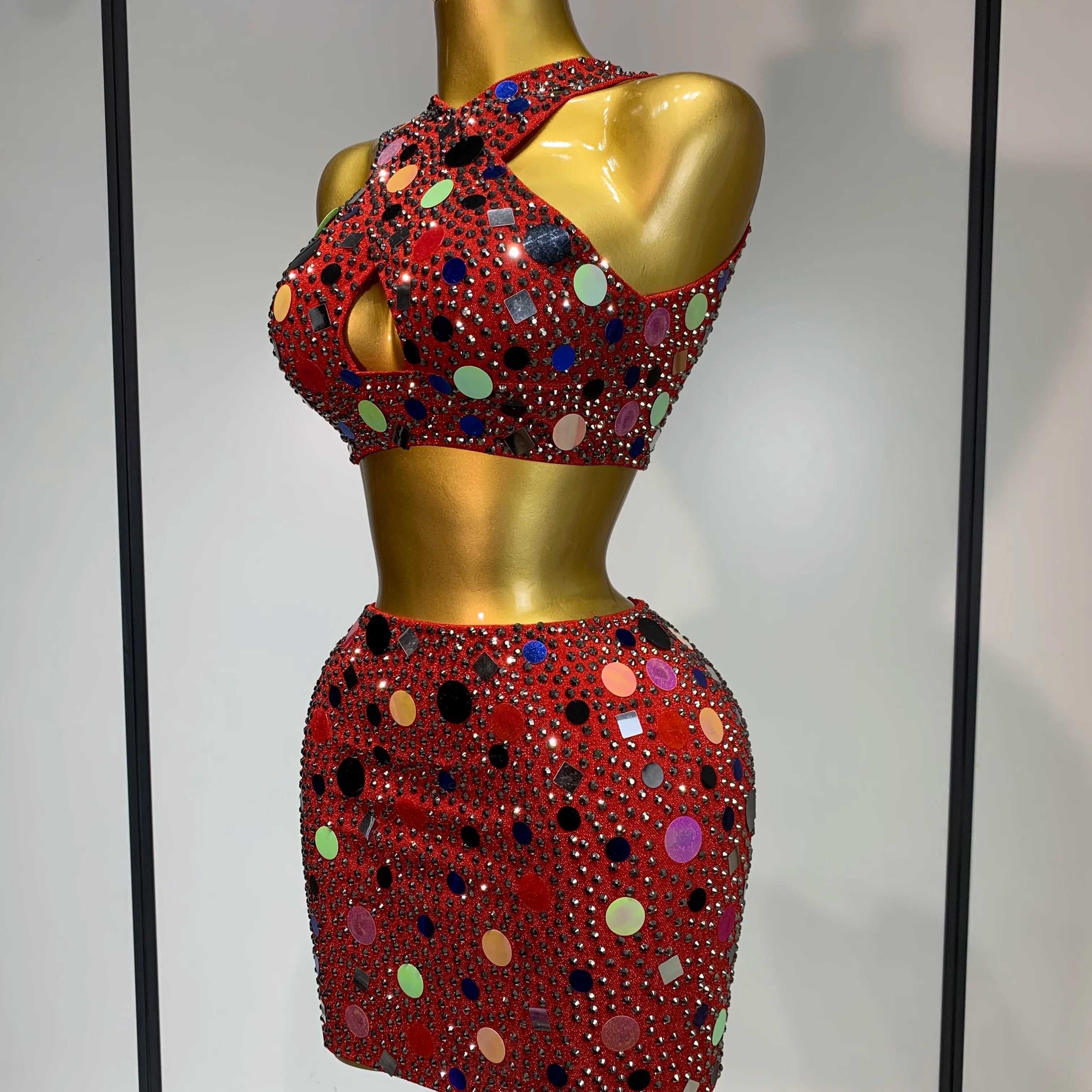 Luxury Rhinestone Sequin Sexy Two Piece Set 2025 New Fashion Nightclub Sparkly Perform Stage Costume Birthday Dress