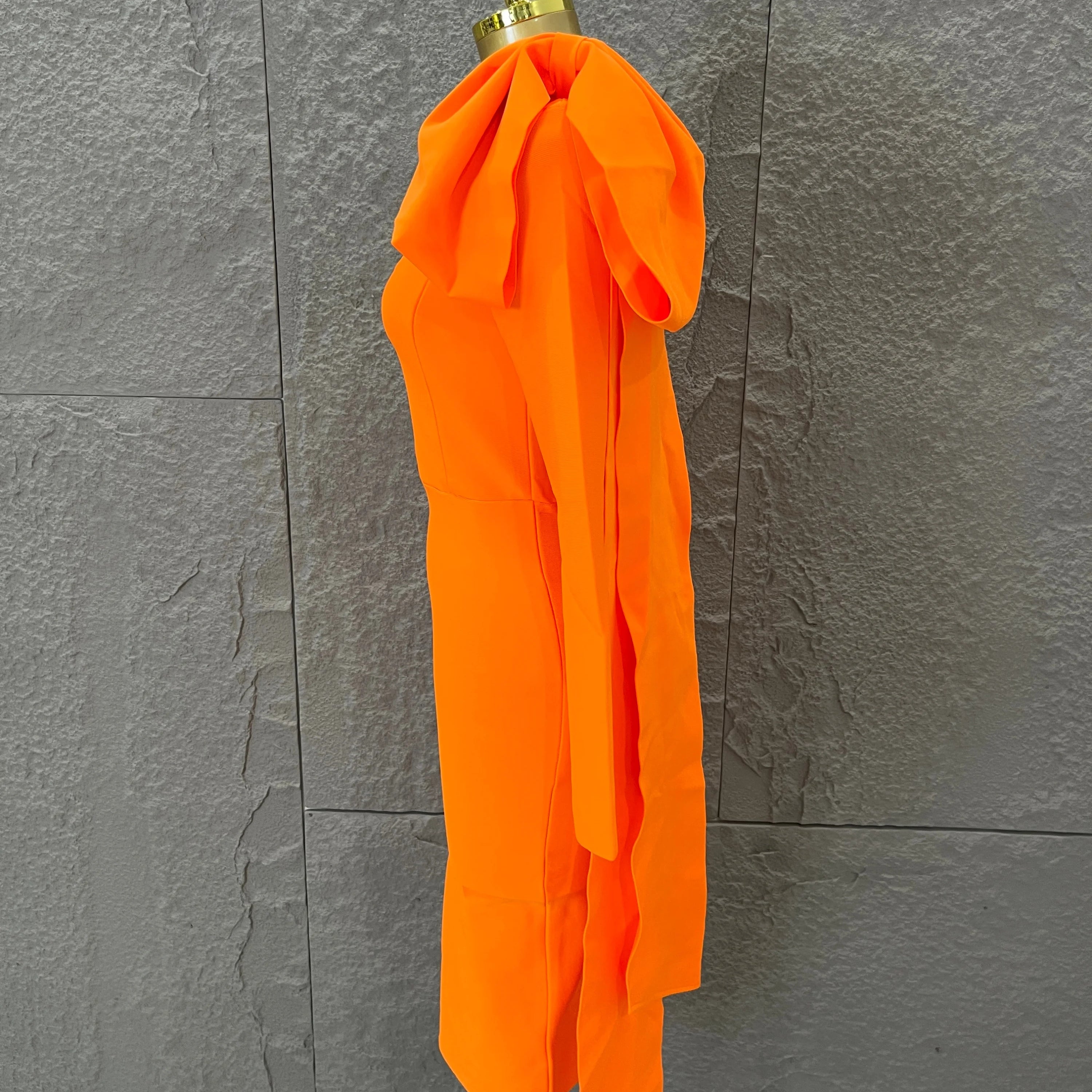 Vibrant Orange Single Sleeve Bow Shoulder Bandage Dress Slim Fit Midi Evening Birthday Nightclub Banquet Formal Dinner Outfit