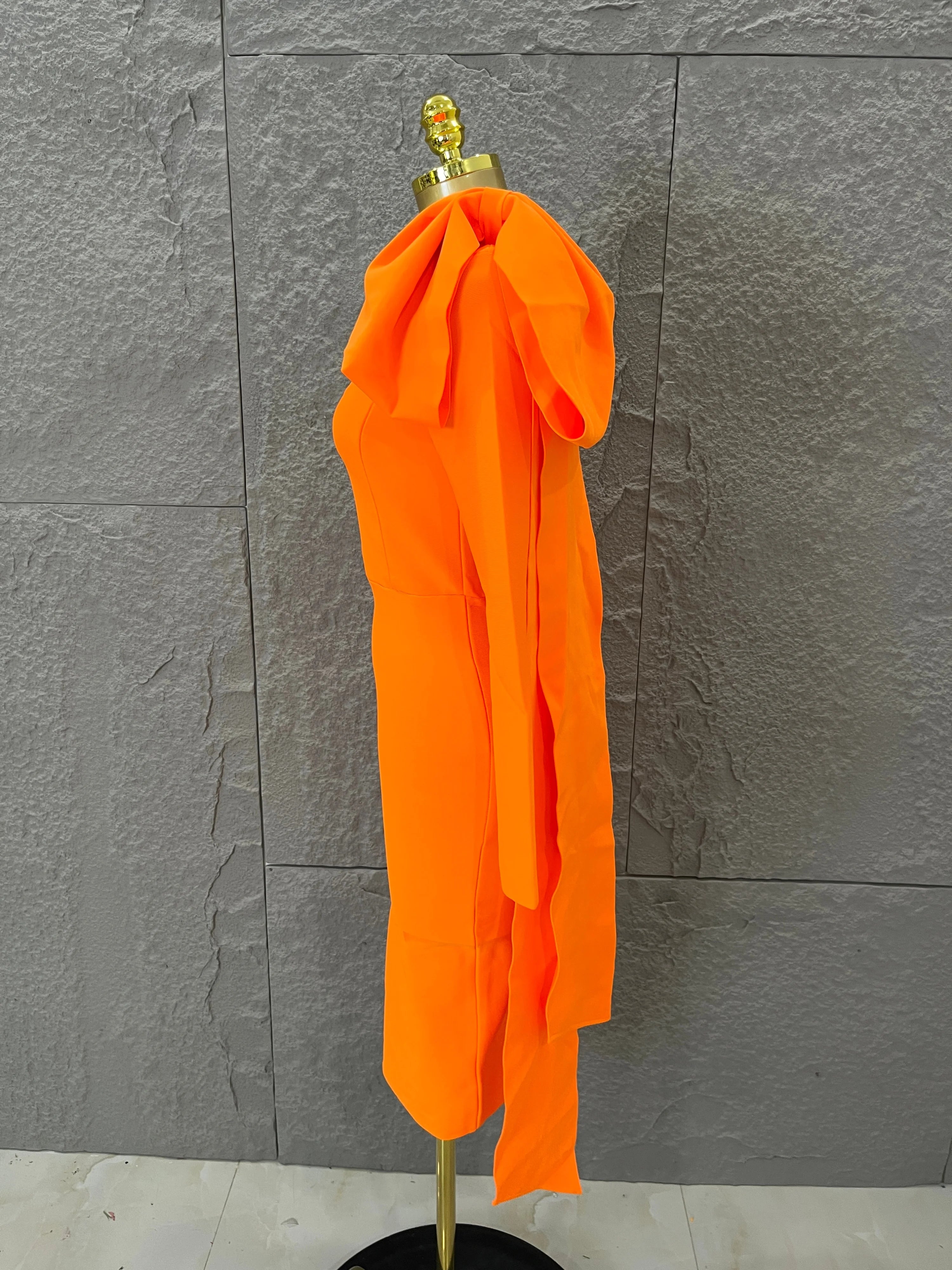 Vibrant Orange Single Sleeve Bow Shoulder Bandage Dress Slim Fit Midi Evening Birthday Nightclub Banquet Formal Dinner Outfit