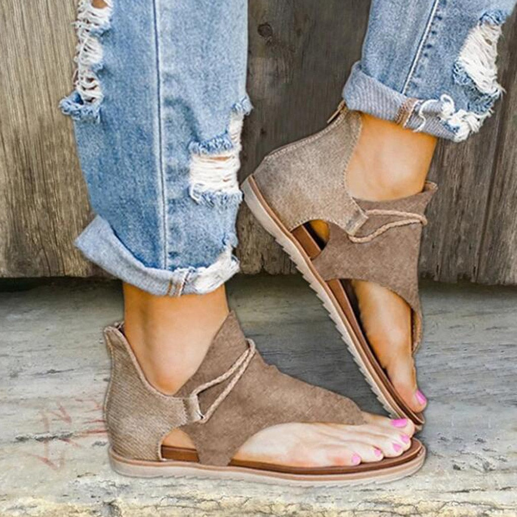Women Summer Clip Toe Sandals Rear Zipper Comfortable Flats Shoes Lady Casual Mixed Colors Hollow Beach Sandalias Mujer 2024 Khaki