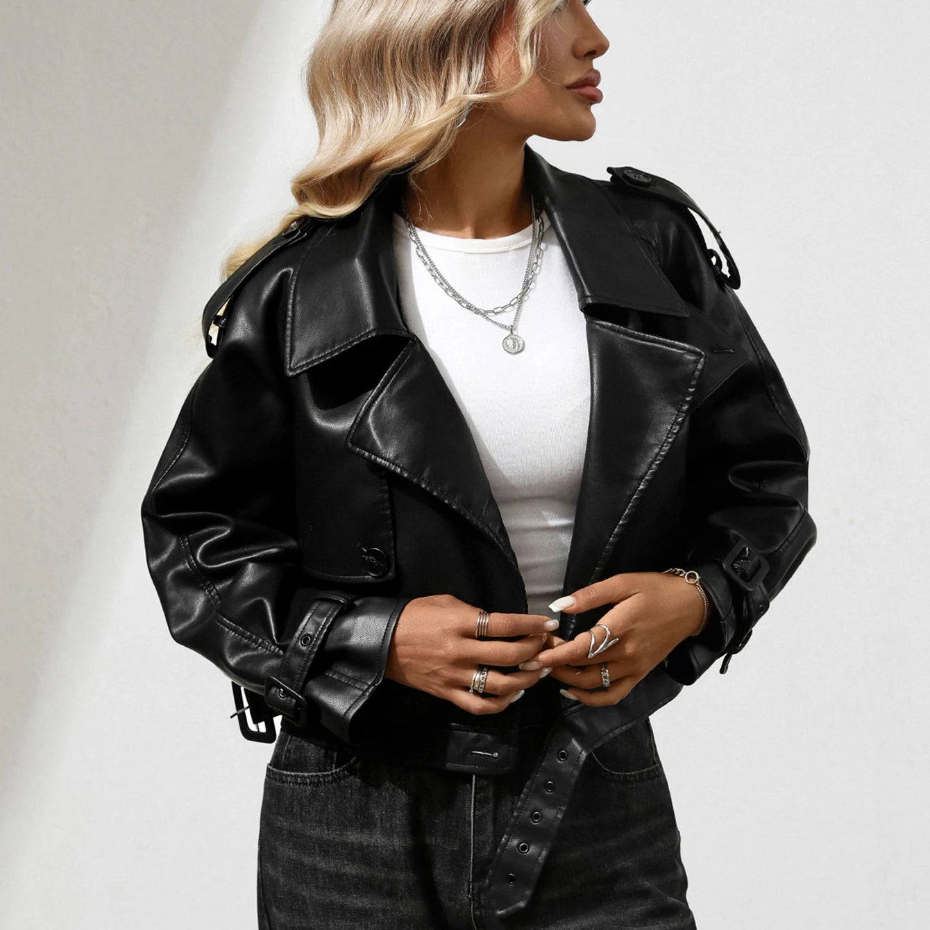 Fitaylor Women Faux Leather Jacket Lady Lapel Motorcycle Leather Outwear Casual Light Green Coat