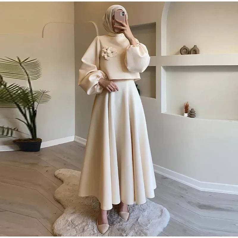 Ramadan Elegant 2 Piece Set Women Lantern Sleeve Flower Crop Top High Waist A-line Skirt Suit Spring Lady Abaya Turkey Sets white