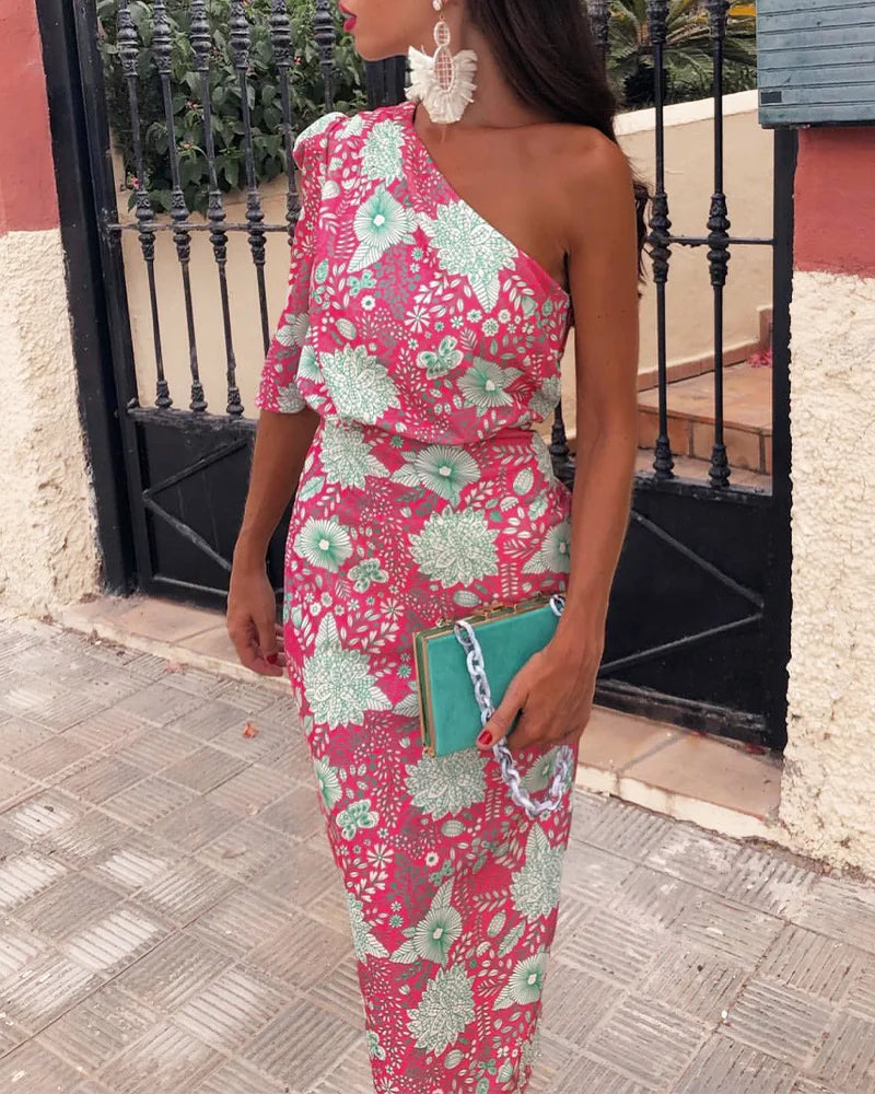 Summer Dress Women Elegant Flower Print Dress Sexy Ladies Fashion Backless Skew Neck One Shoulder Short Sleeve Dresses