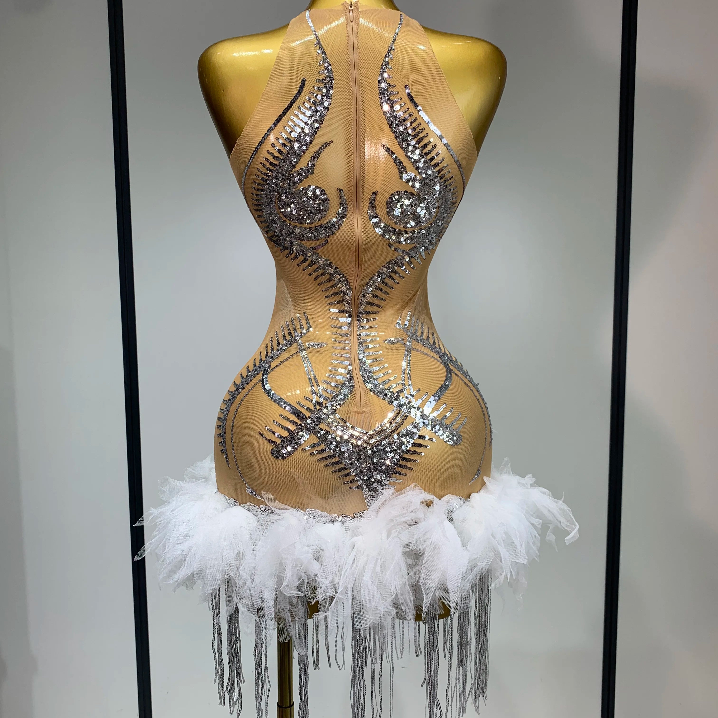 Luxury Party Cocktail Short Dress Women Mesh Sexy See Through Rhinestones Tassel Dress Nightclub Perform Singer Stage Costume