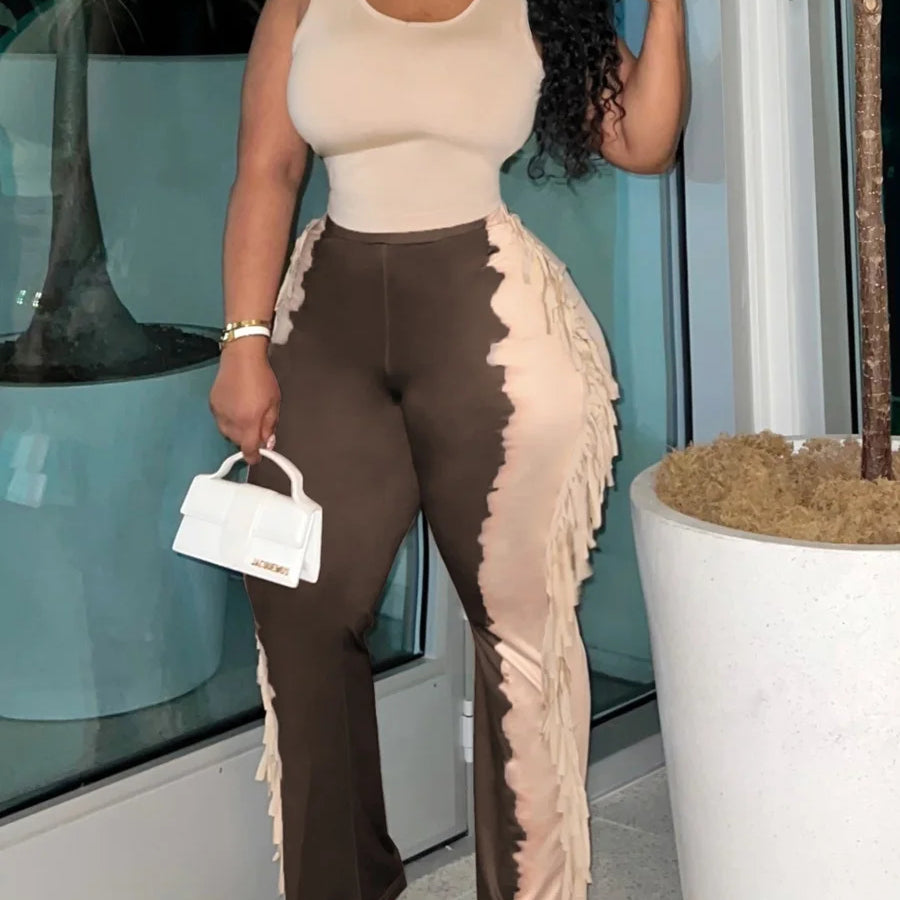 LW Plus Size casual Two pieces sets summer sleeveless U neck Cami Tank + Tie Dye Tassel Design Pants Set women Matching Set Khaki
