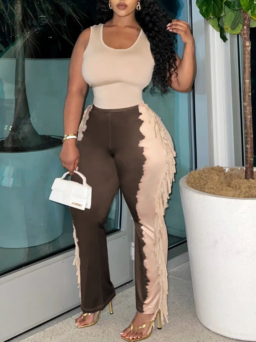 LW Plus Size casual Two pieces sets summer sleeveless U neck Cami Tank + Tie Dye Tassel Design Pants Set women Matching Set Khaki