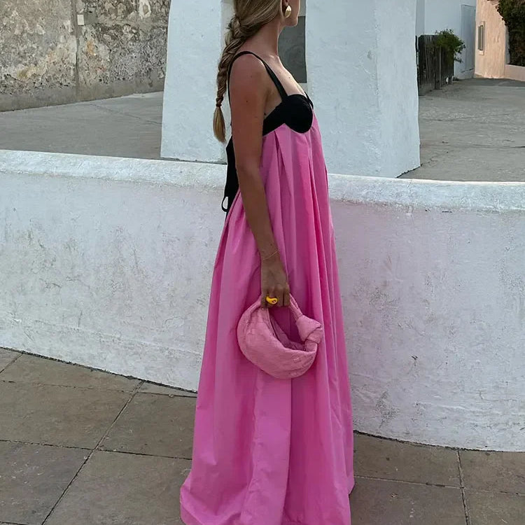 Women Fashion Color Matching Halter Maxi Dress Ladies Sexy Backless Off Shoulder Sleeveless Dresses Female party Holiday Robes