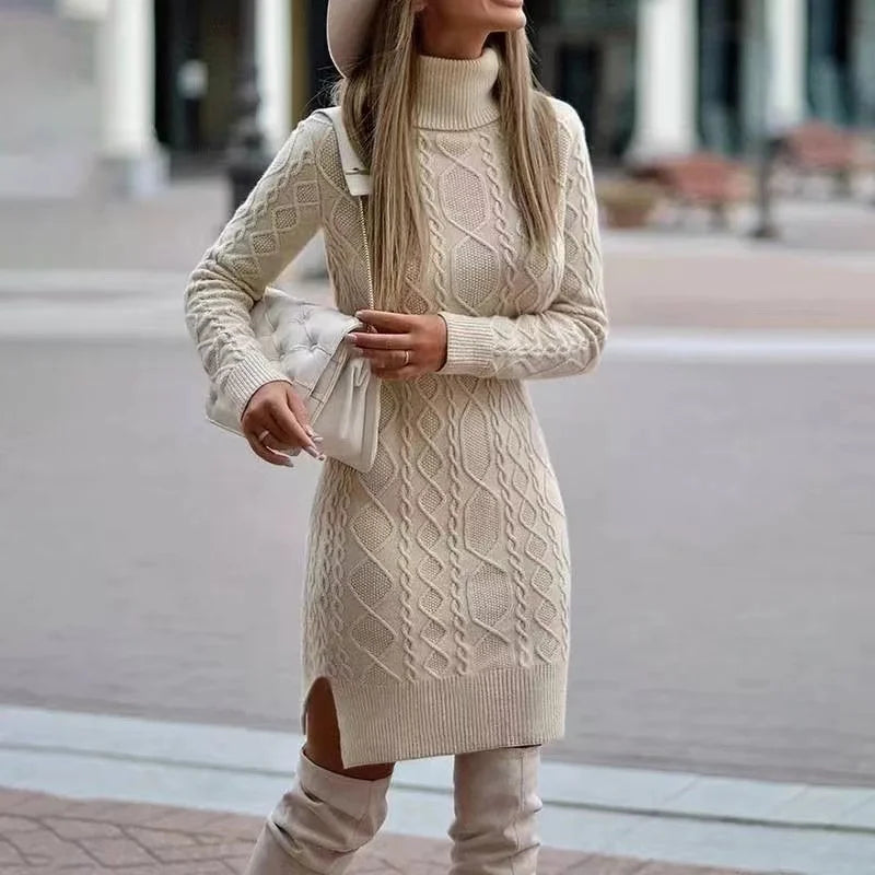 Autumn Winter New Women's Knitted Wrap Hip Skirt High Neck Warm and Thickened Elegant Knitted Sweater Long Sleeve Dress Apricocolor LYQ262