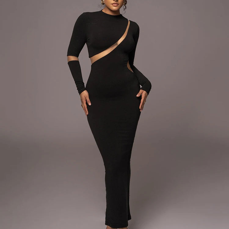 Turtleneck Long Sleeve Bodycon Maxi Dress For Women Autumn New Patchwork Hollow Out Club Party Sexy Long Dress Vestidos Black