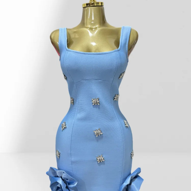 2025 Summer Shining Diamonds Sleeveless Sexy Bodycon Mini Bandage Dress Ruffles Celebrate Evening Party Birthday Outfit Vestido SKY BLUE