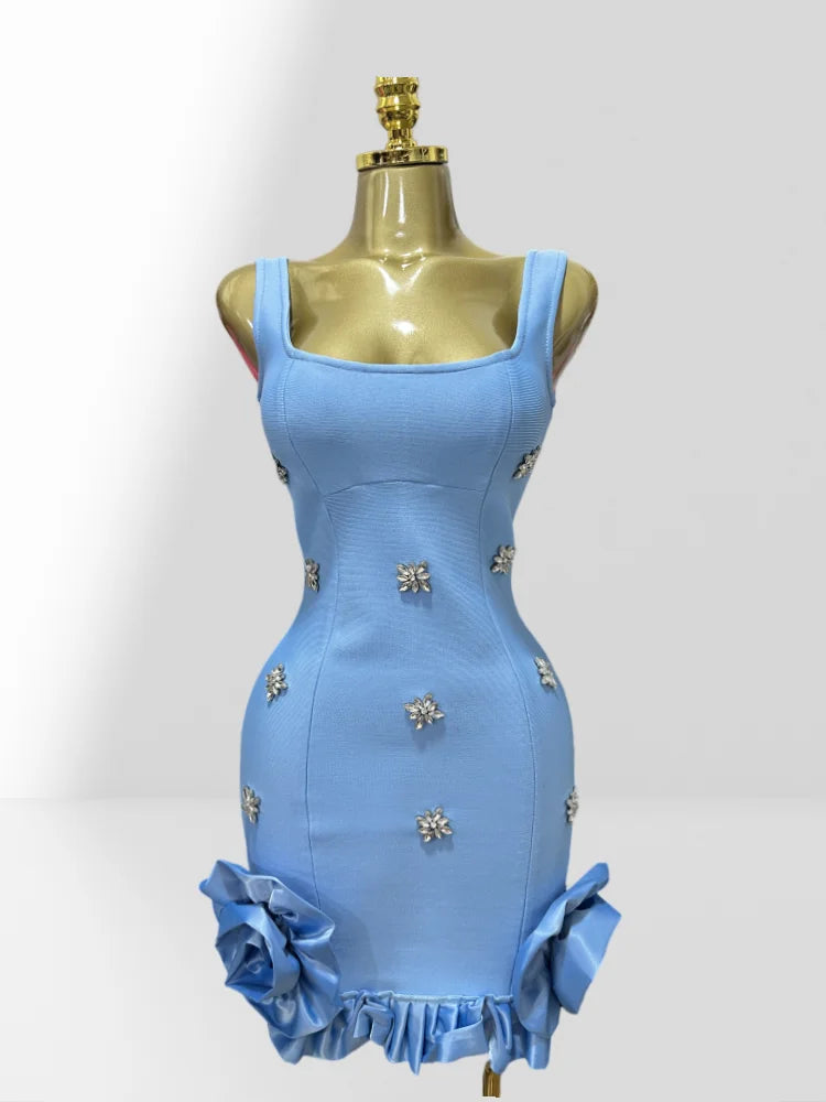 2025 Summer Shining Diamonds Sleeveless Sexy Bodycon Mini Bandage Dress Ruffles Celebrate Evening Party Birthday Outfit Vestido SKY BLUE