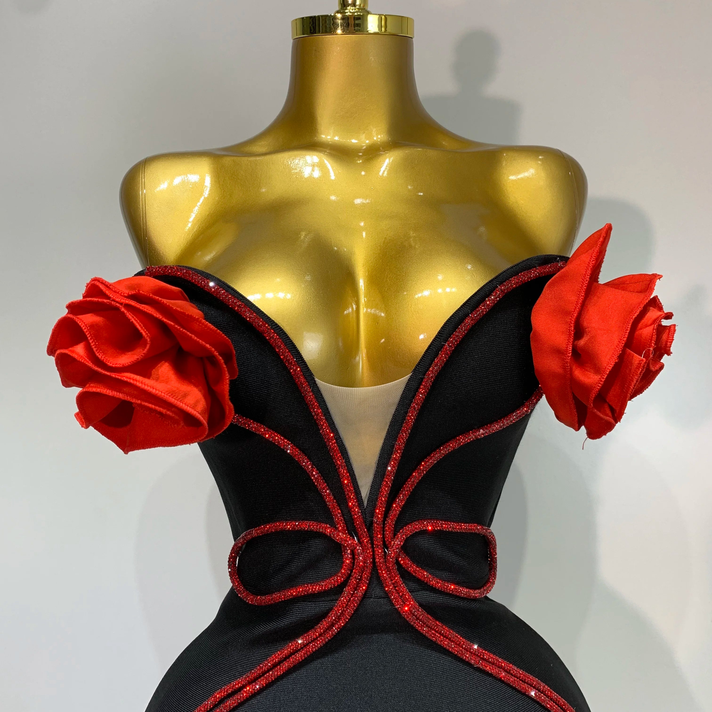 Sexy Strapless Flower Appliques Sexy Diamond Bodycon Bandage Mermaid Dress Celebrity Evening Runway Party Club Birthday Dress