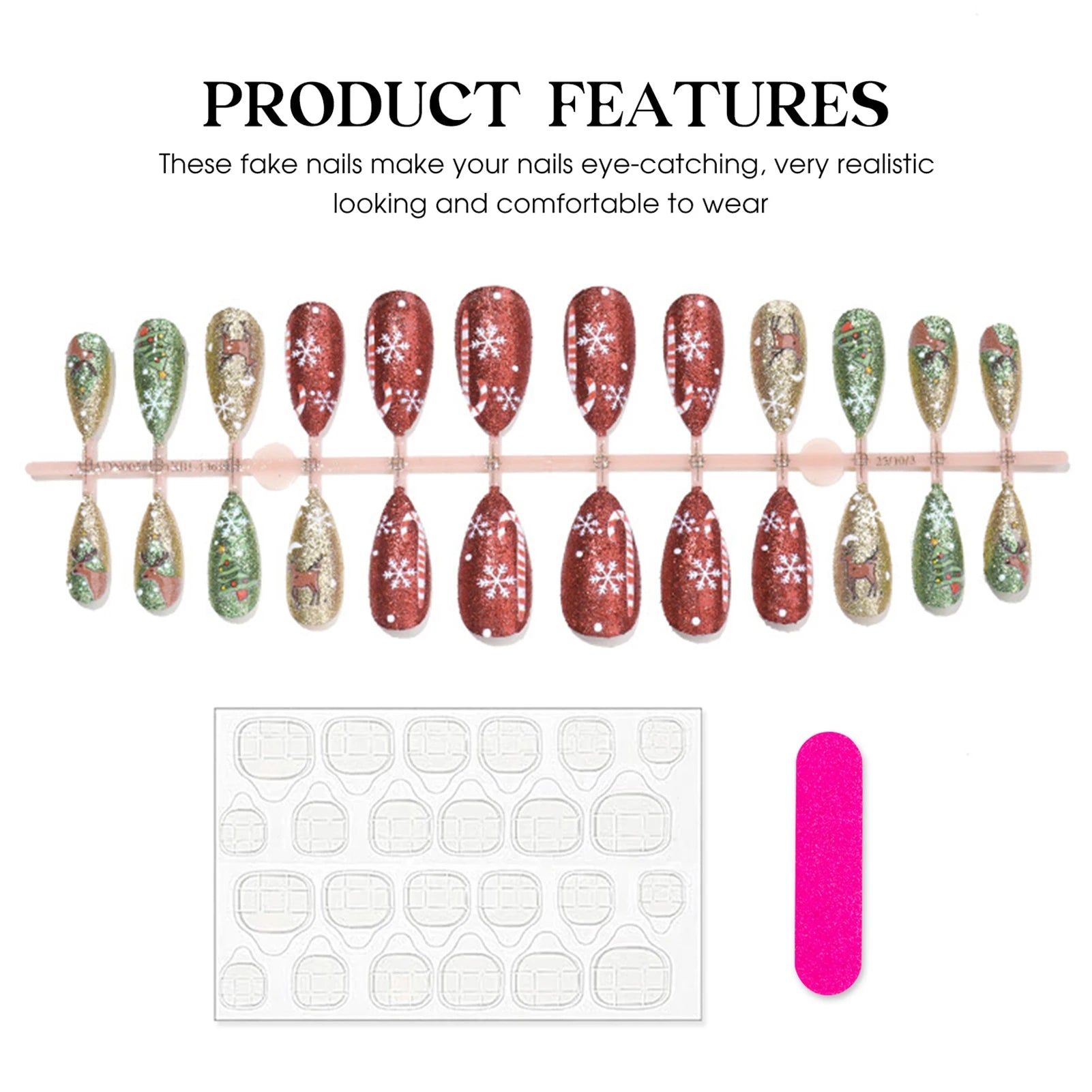 Christmas Party Almond Fake Nails 24Pcs Glossy Sequins Press On Nails Xmas Tree/Deer/Snowflake Printed Stick-on False Nails Art