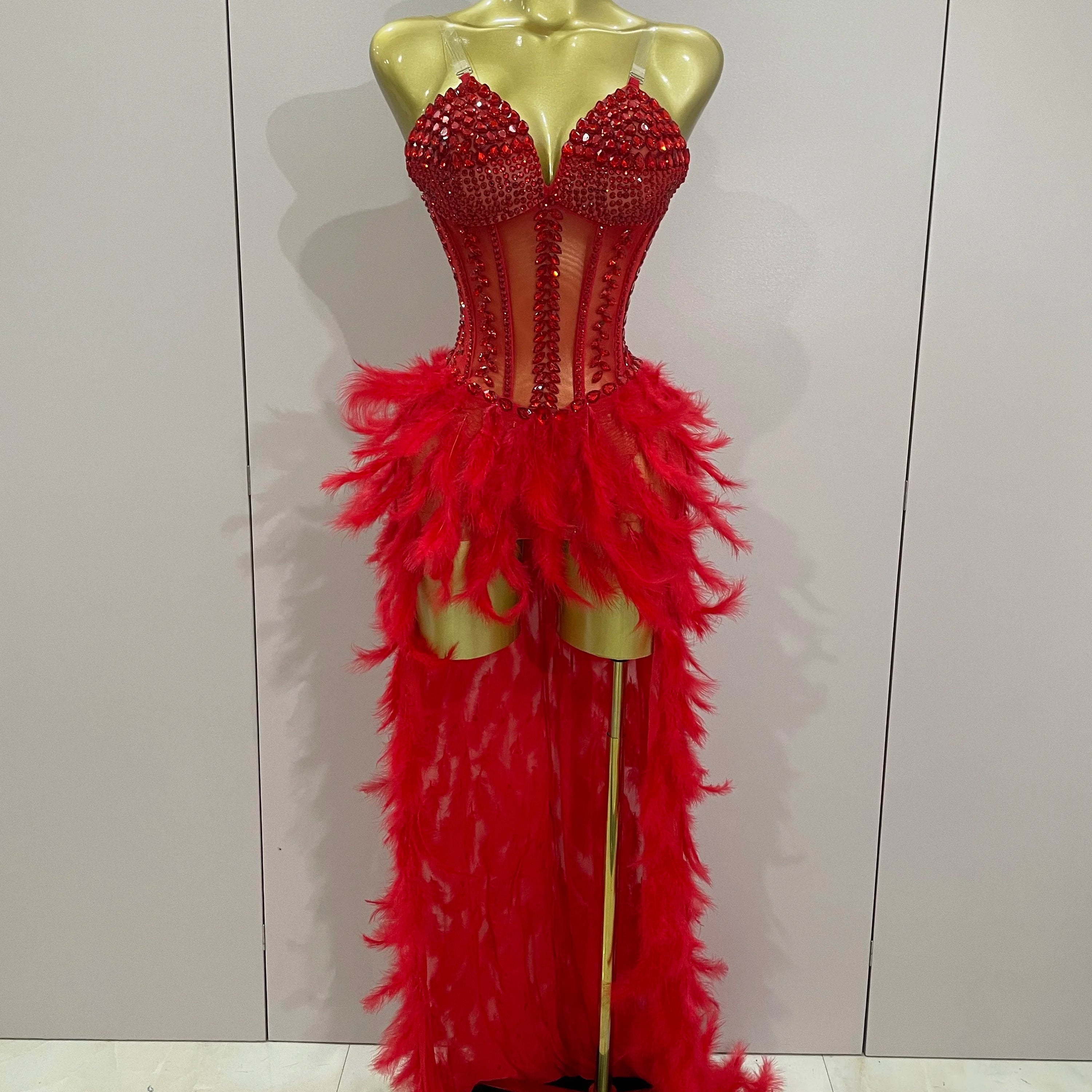 Luxury Sparkly Rhinestones Feathers Long Tail Dress Sexy Mesh Transparent Stage Bodysuit Evening Party Celebrate Birthday Dress Red