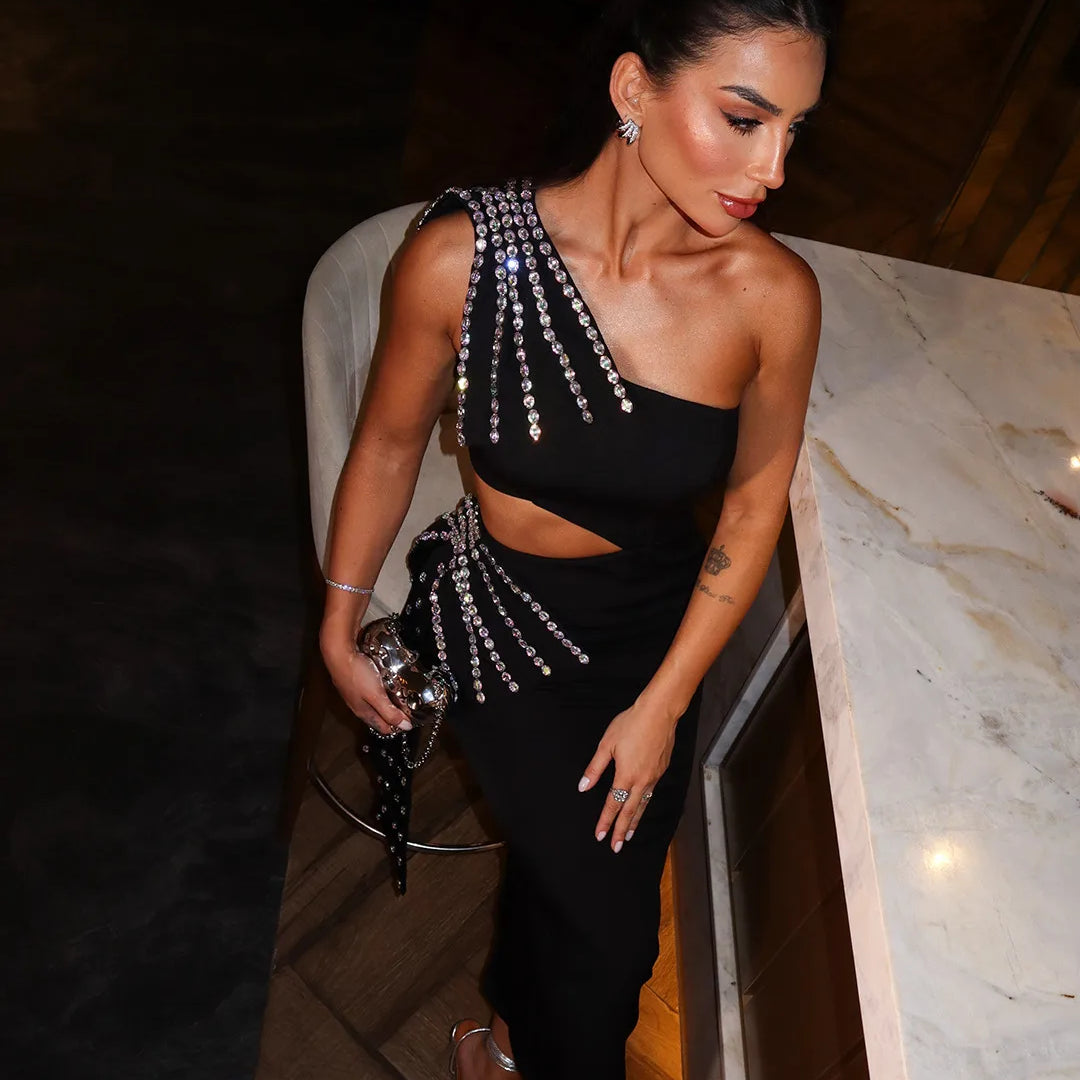 2025 Women Sexy One Shoulder Big Crystal Bodycon Bandage Long Dress Celebrate Elegant Evening Party Outfit Vestido