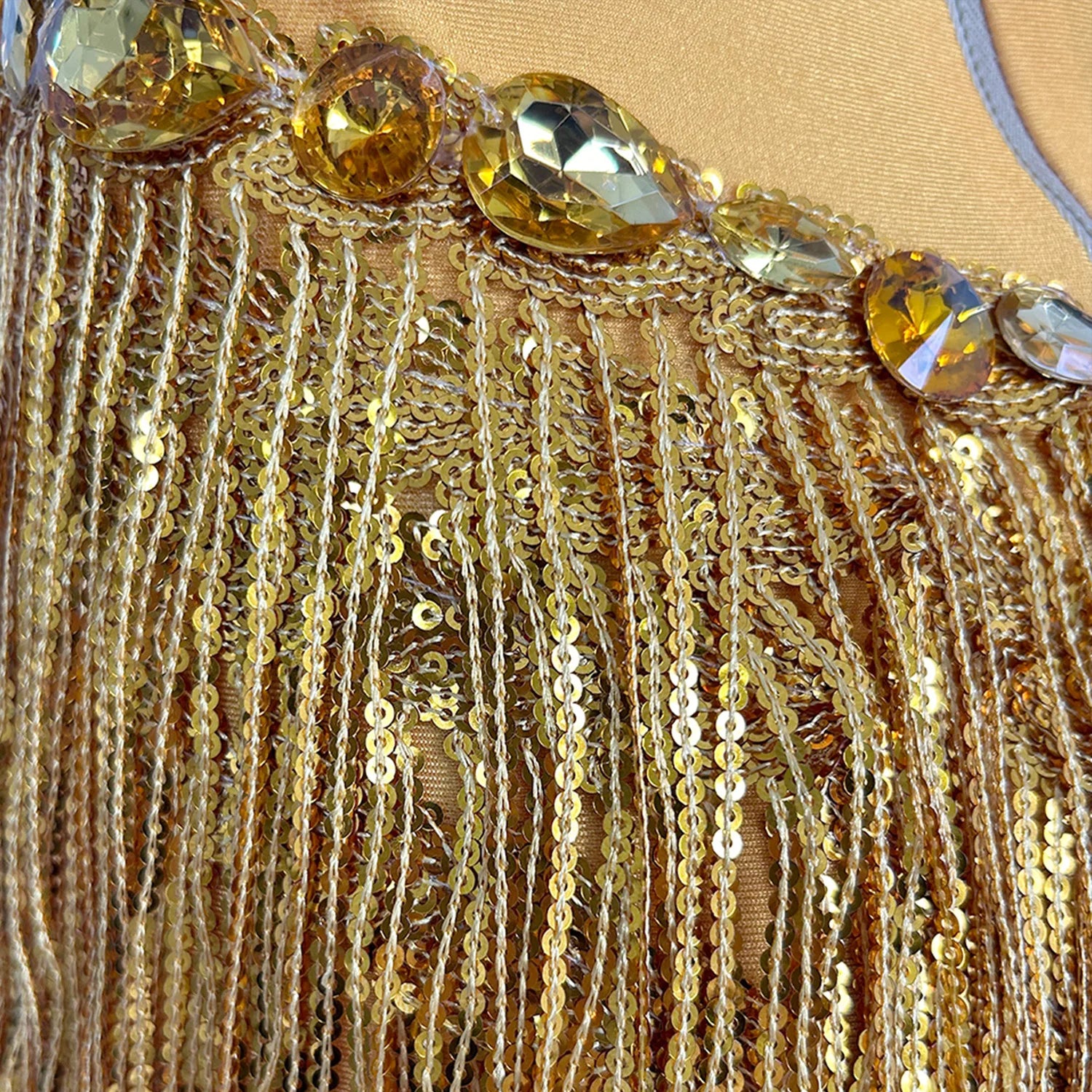 Sparkly Gold Rhinestone Tassel Tight Fit Bodysuit Women Dance Outfit Nightclub Bar Performance Costume Stage Wear Shuye