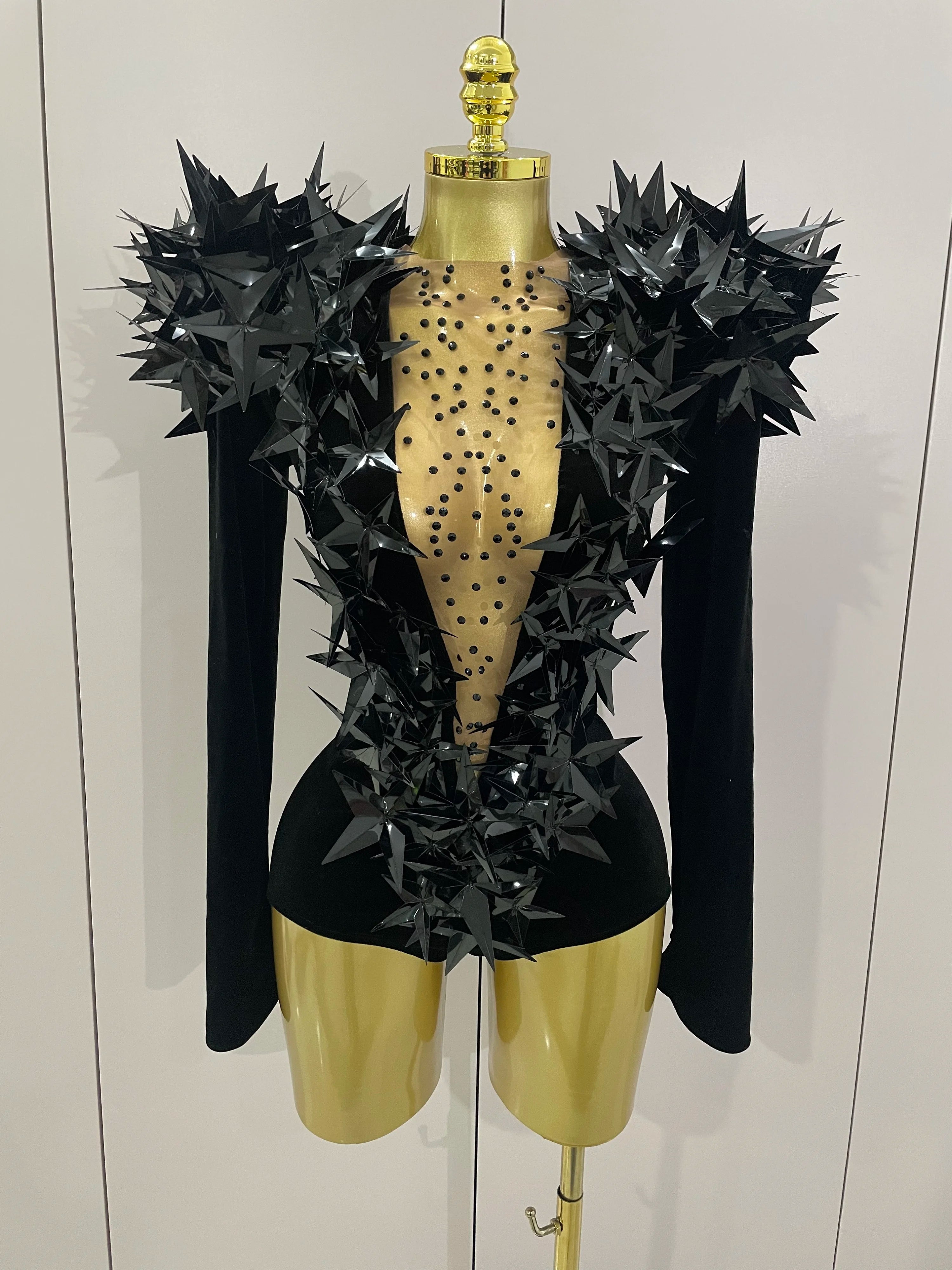 Shiny Gold Rhinestone Black Velvet Long Sleeve Bodysuit 2025 Women Evening Party Club Gala Hosts NightClub Bar Stage Costumes black
