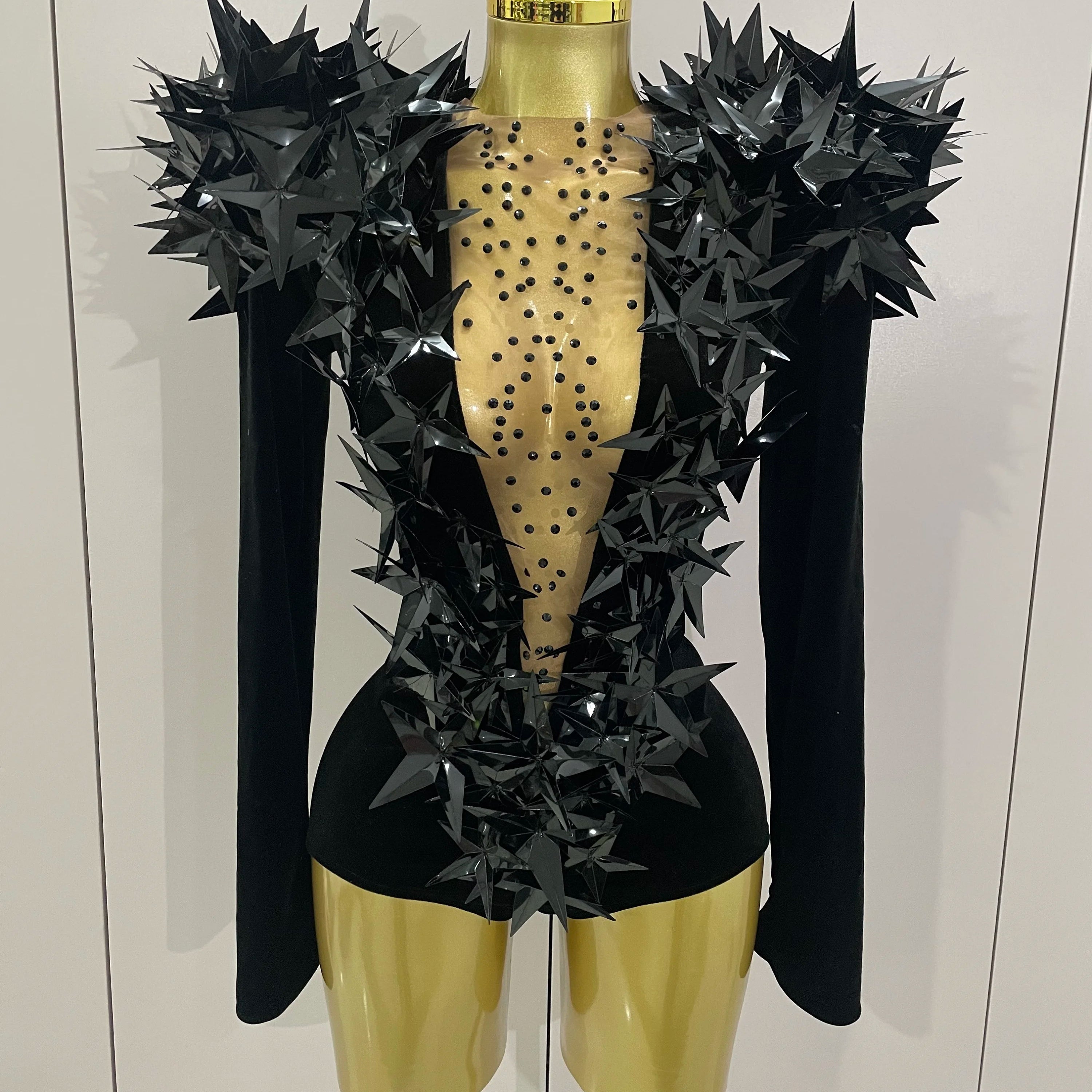 2025 New Shiny Black Rhinestone Velvet Long Sleeve Bodysuit Women Evening Party Club Gala Hosts NightClub Bar Stage Costumes black