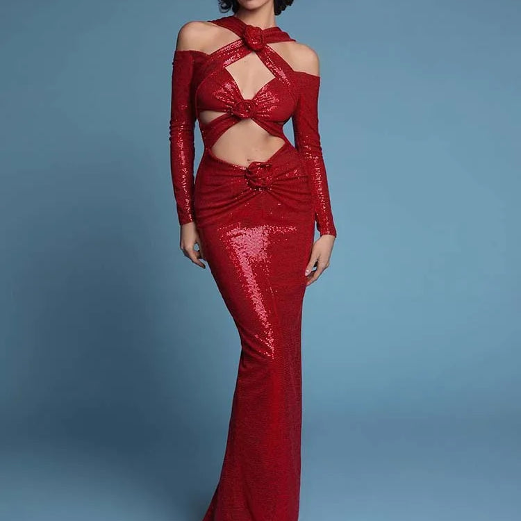 2024 Summer New Women's Sexy V-neck Long sleeves Flower Decoration Sequins Mermaid Bodycon Celebrity Party Evening Dress