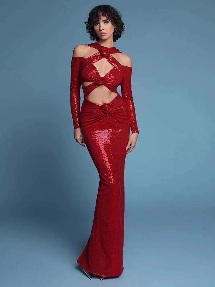 2024 Summer New Women's Sexy V-neck Long sleeves Flower Decoration Sequins Mermaid Bodycon Celebrity Party Evening Dress