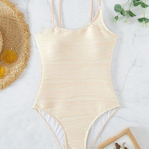 Sexy Beige Strapped Swimwear Women Solid High Cut Push UP Beige
