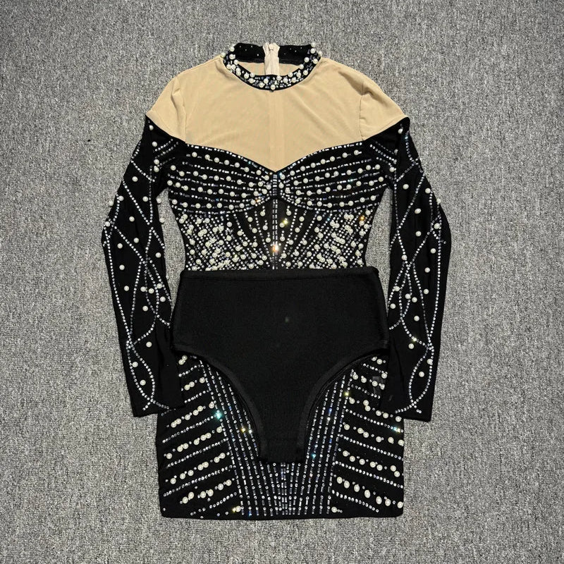 Women Long Sleeve Sexy Shinning Rhienstones Bodycon Mini Bandage Dress Nightclub Party Club Singer Celebrate Performance Costume