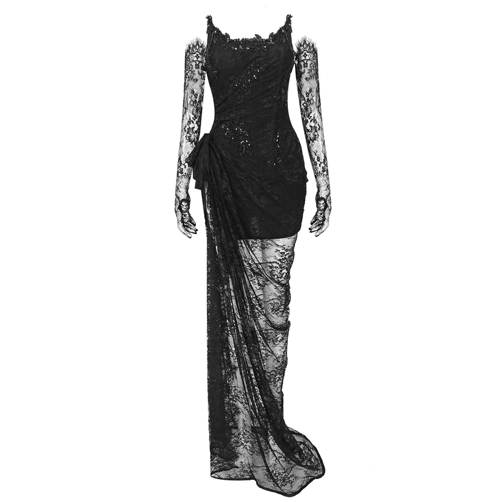 Black Lace Maxi Dress Women Sexy Strapless Long Sleeve Gloves Design High Split Party Dresses Gowns black