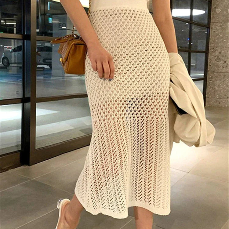 Tossy Summer Hollow Out Knit Long Skirt Casual Wrap Ladies Pencil See Through Midi Skirts 2022 Bodycon Korean Streetwear White One Size