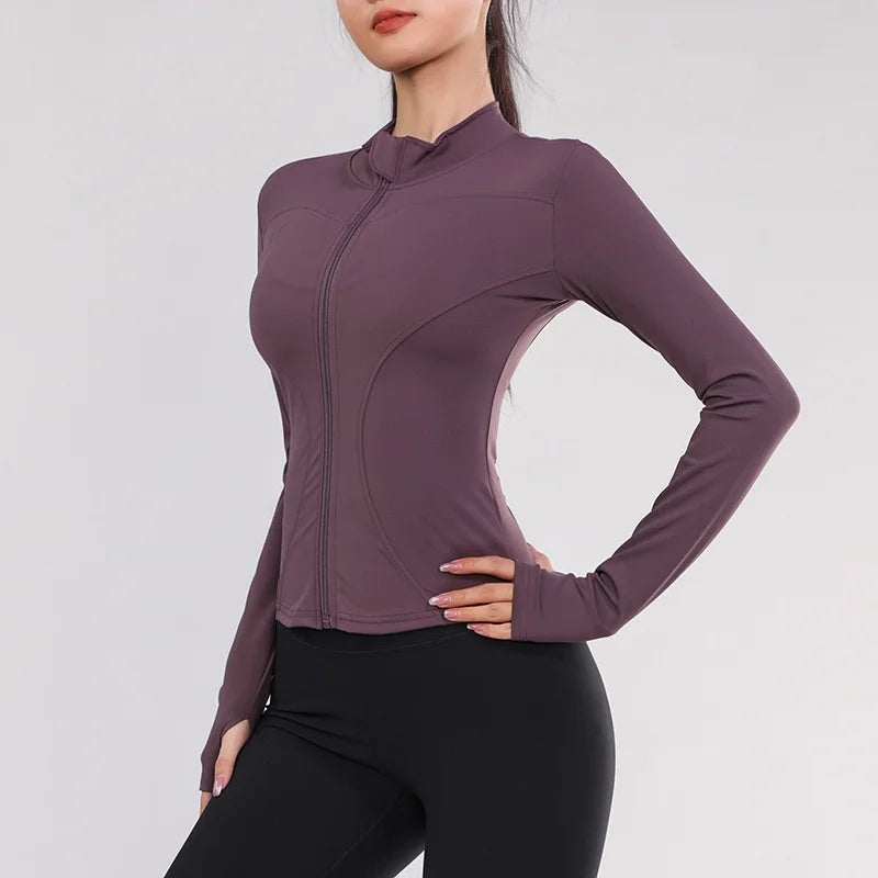Women Gym Wear Solid Color Quick Drying Yoga Wear High Elasticity Fitness Jacket Ventilated Long Sports Shirt Women's Tracksuit purple gym jacket