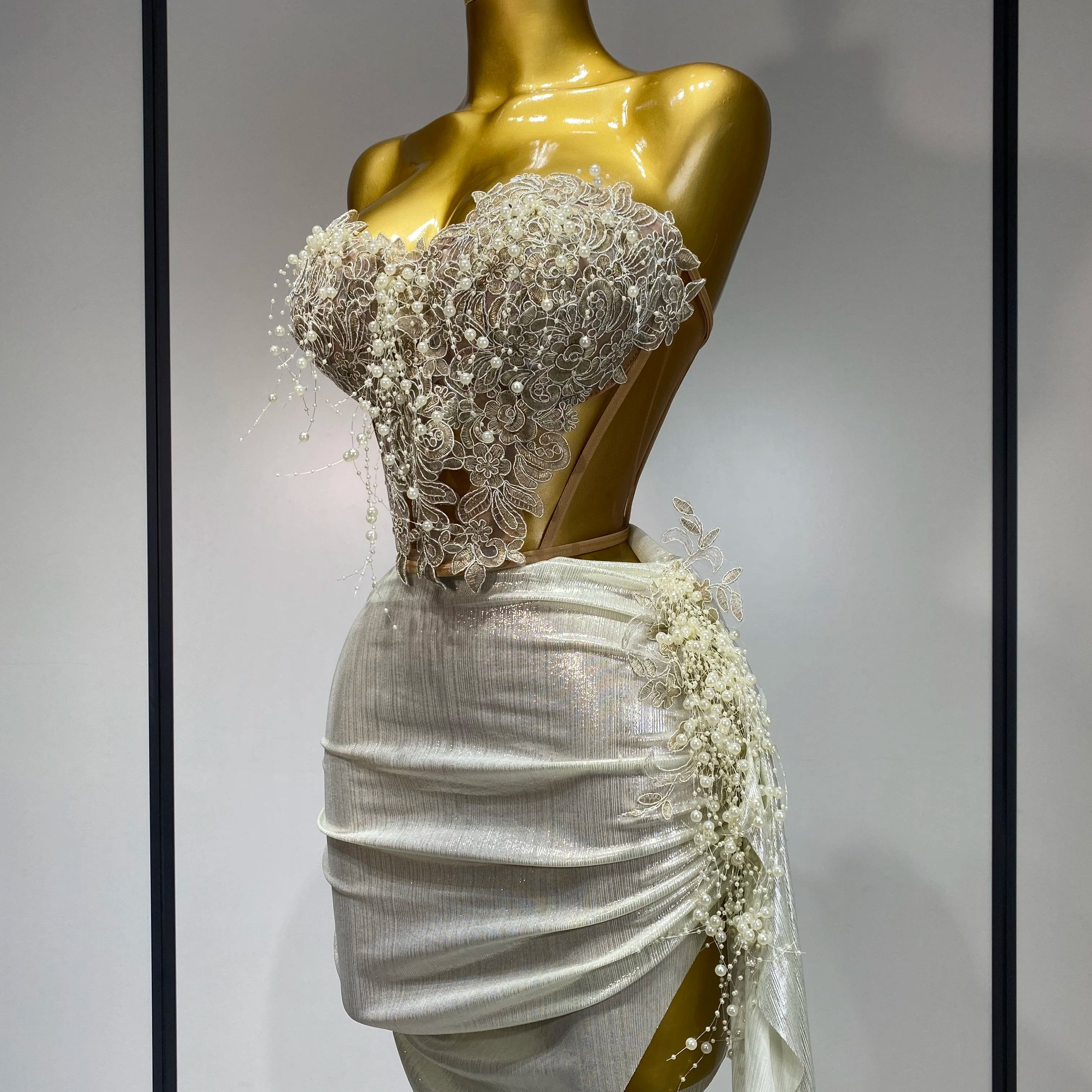 Elegant Sexy Pear Mesh See Through Two Piece Set Women Luxury Birthday Party Prom Gown Singer Nightclub Hotwife Stage Outfit