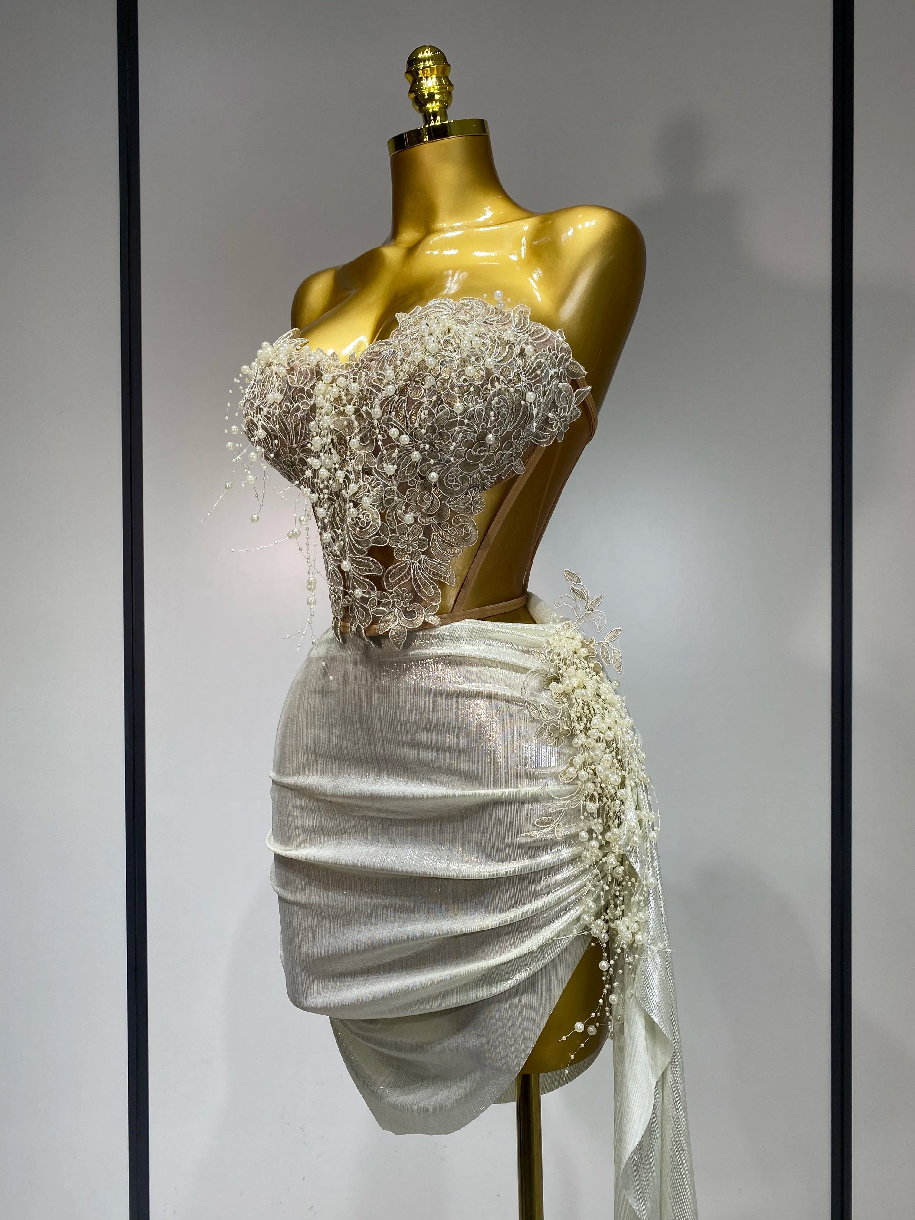 Elegant Sexy Pear Mesh See Through Two Piece Set Women Luxury Birthday Party Prom Gown Singer Nightclub Hotwife Stage Outfit