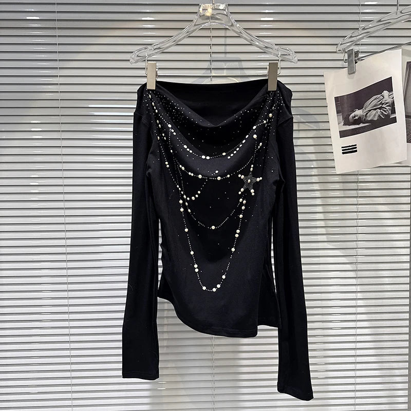 Winter New Sweet Fashion Pearl Rhinestone Hot Rhinestone Chain Pattern T-Shirt For Women Off-shoulder Tops 11A07486 Black