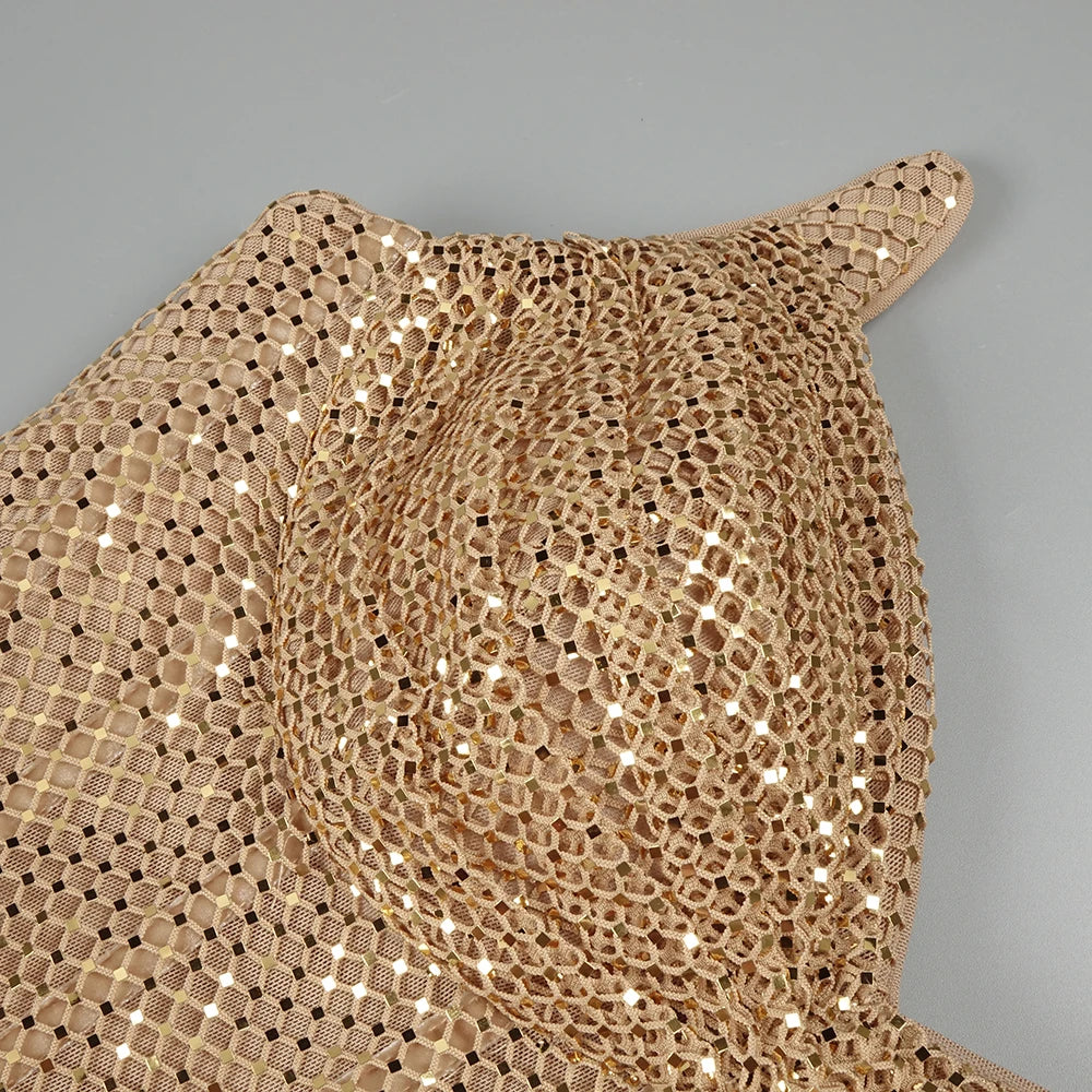 Flirty Glam Gold Sequin Strappless High Slit Backless Maxi Dress for Dance Party Summer Gown