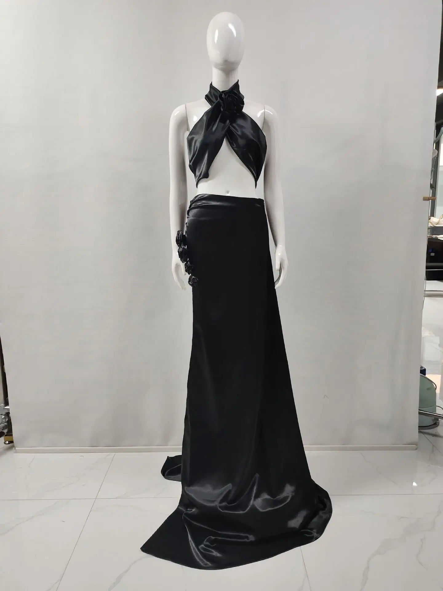 Red Black Christmas Style Women Sexy Florals 2 Pieces High Split Floor-length Dress Nightclub Party Cocktail Celebrate Wear black