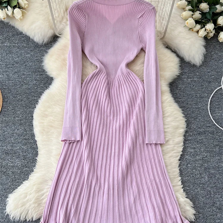 SINGREINY Autumn Knitting Sweater Dress Ladies V-Neck Single Breasted Full Sleeve Soft Slim Senior Knitted Casual Long Dress