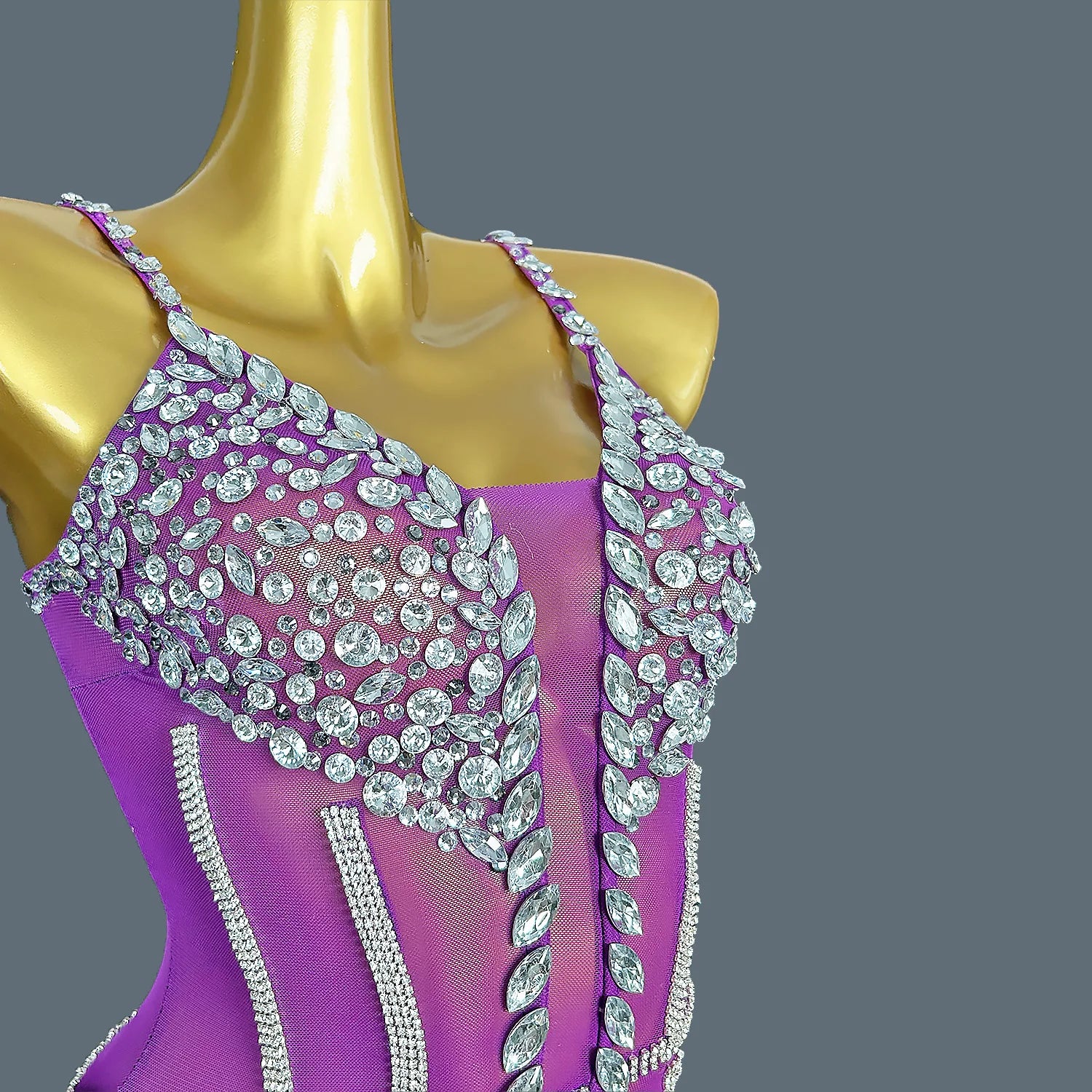 Women Purple Crystal Chain Diamonds Dress Elastic Sexy Mini Night Club Performance Costume Birthday Party Dress Tassel Liehu