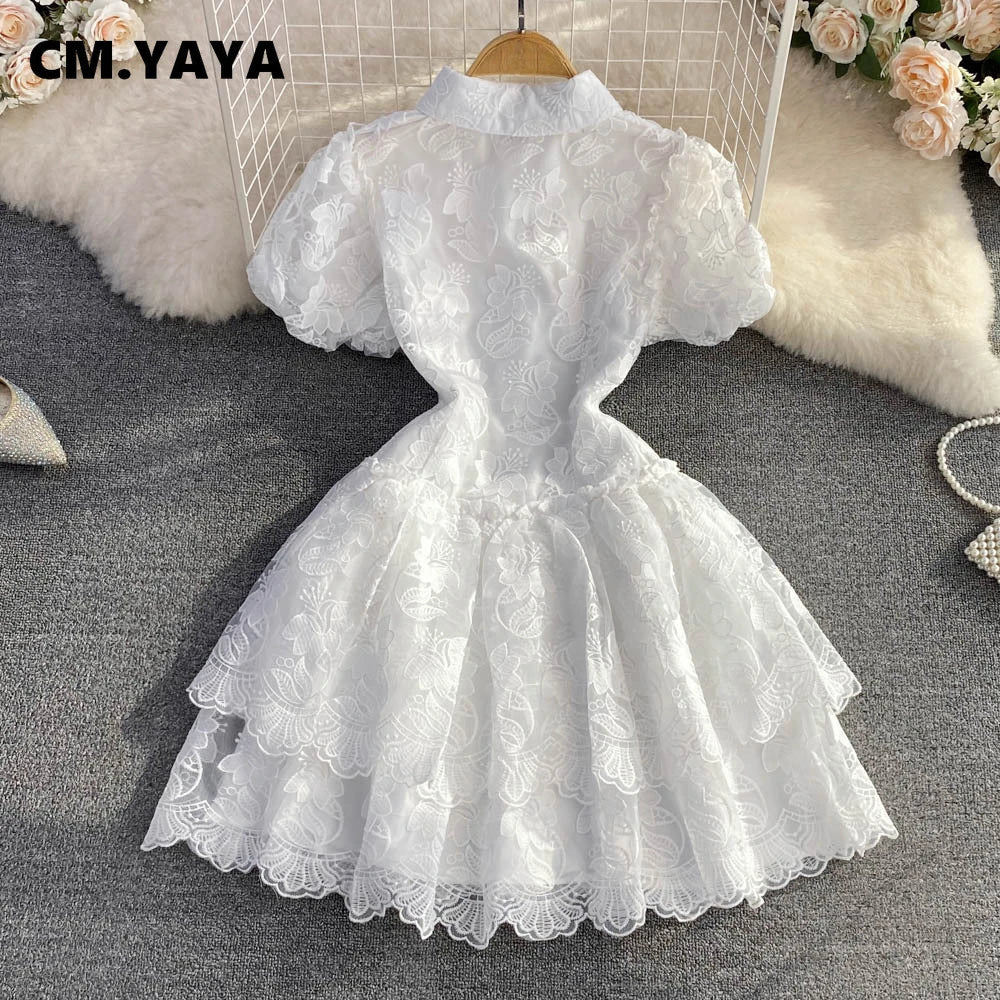 CM.YAYA Women Short Sleeve Lace Embroidery A-line Tiered Mini Dress 2025 Sweet Elegant Sexy Evening Night Party Vestidos Dresses