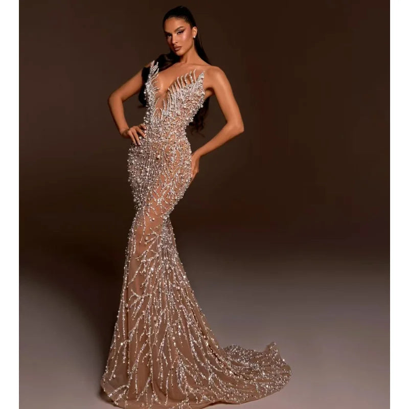 Haute couture Wedding Party dress Sequin embroidery Pearl Beading Sexy V－Neck Strapless Dress Celebrity Birthday Party Outfit