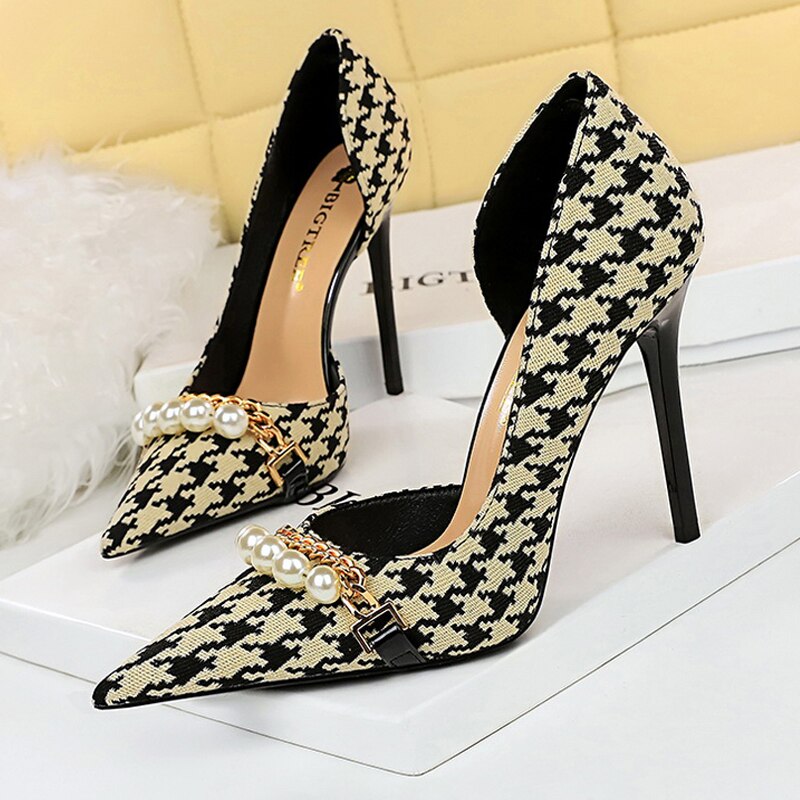 Spring Women Pumps Pearl Metal Chain High-heels Checked Grain Stilettos Women's Heels Luxury Banquet Shoes 43 8829-1-black-11CM