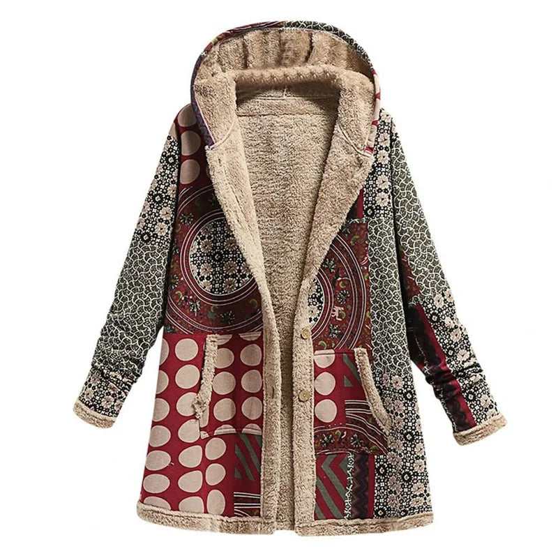 Print Casual Women Coat Vintage Hooded Overcoat Female Fashion Warm Long Sleeve Coats Ladies Plush Jacket Autumn Winter