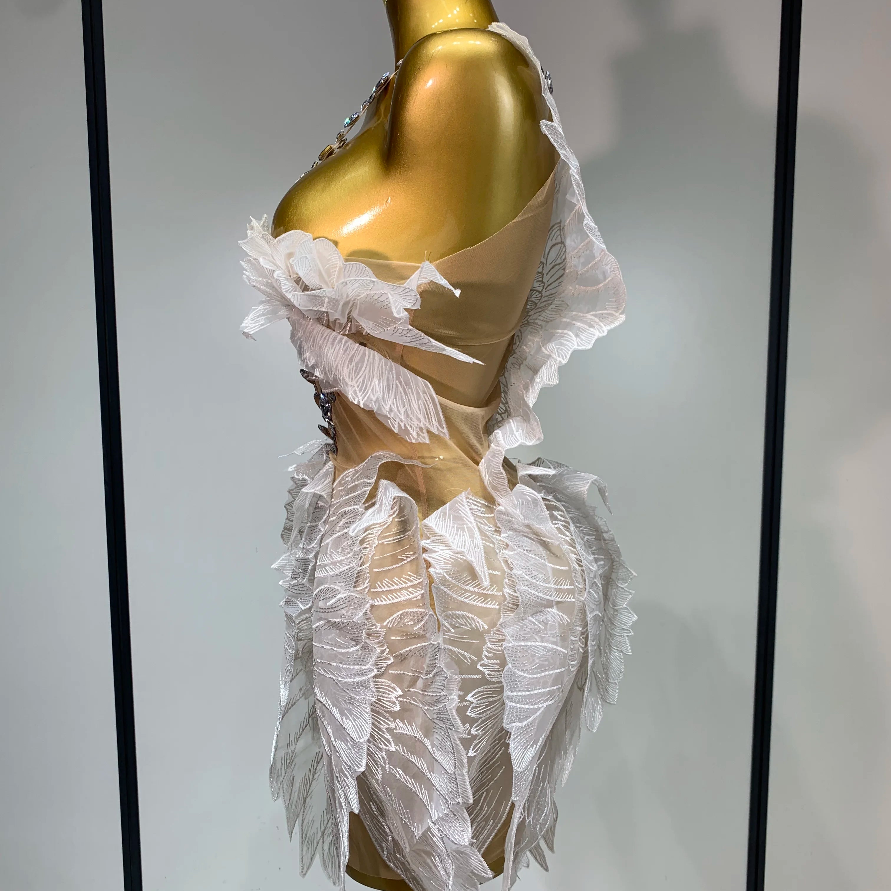 Luxury Birthday Dress Women Sexy White Crystal Transparent Wings Mini Dress Nightclub Evening Party Singer Stage Perform Costume