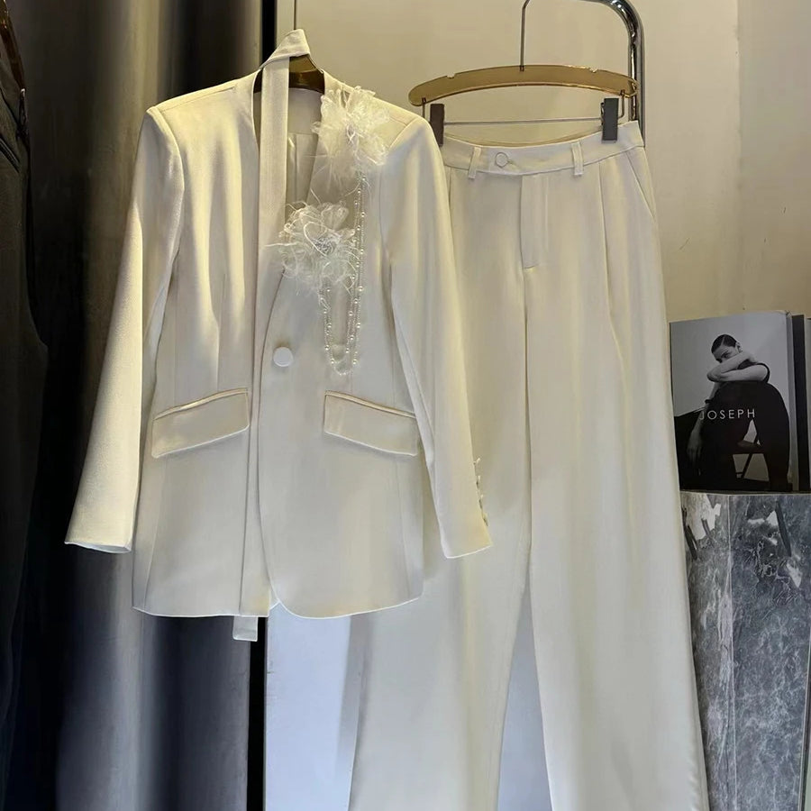 Solid Elegant Two Piece Sets for Women V Neck Long Sleeves Patchwork 3D Flower Top High Waist Pant Set Female New WHITE