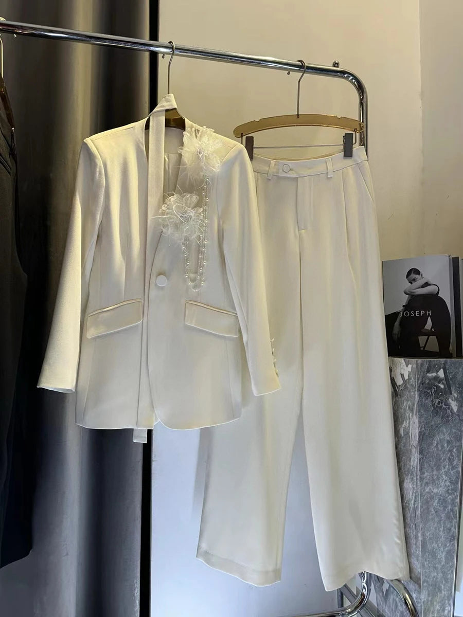 Solid Elegant Two Piece Sets for Women V Neck Long Sleeves Patchwork 3D Flower Top High Waist Pant Set Female New WHITE